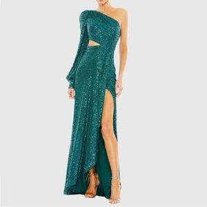 NWT Ieena Mac Duggal Green Sequined One Shoulder Cut Out Gown 26730 Sz 8